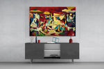 Crimson and ochre Guernica cinematic glass wall art in masculine-luxe study