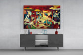 Crimson and ochre Guernica cinematic glass wall art in masculine-luxe study