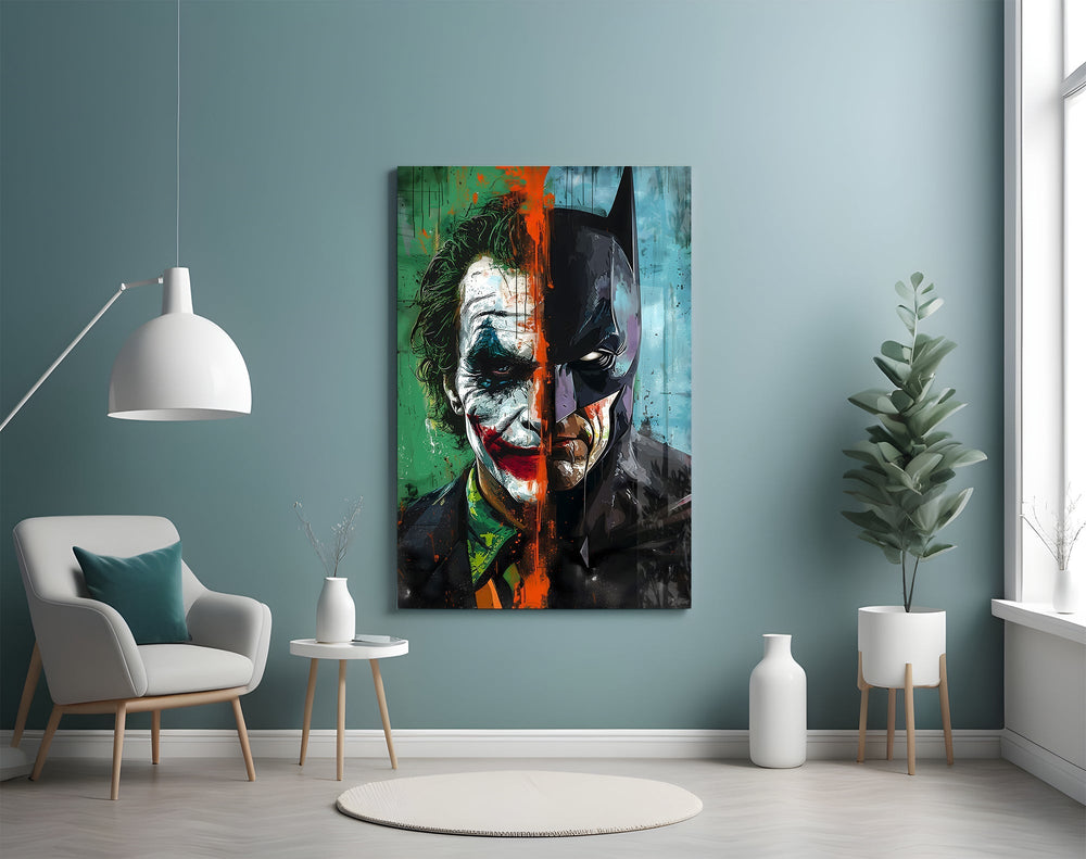 Pop-graffiti diptych cinematic glass wall art in film-screening room
