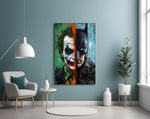 Pop-graffiti diptych cinematic glass wall art in film-screening room