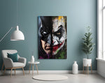 Dual-identity portrait cinematic glass wall art in film-screening room