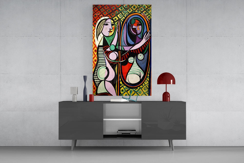 Modernist mirror cinematic glass wall art in creative-agency reception