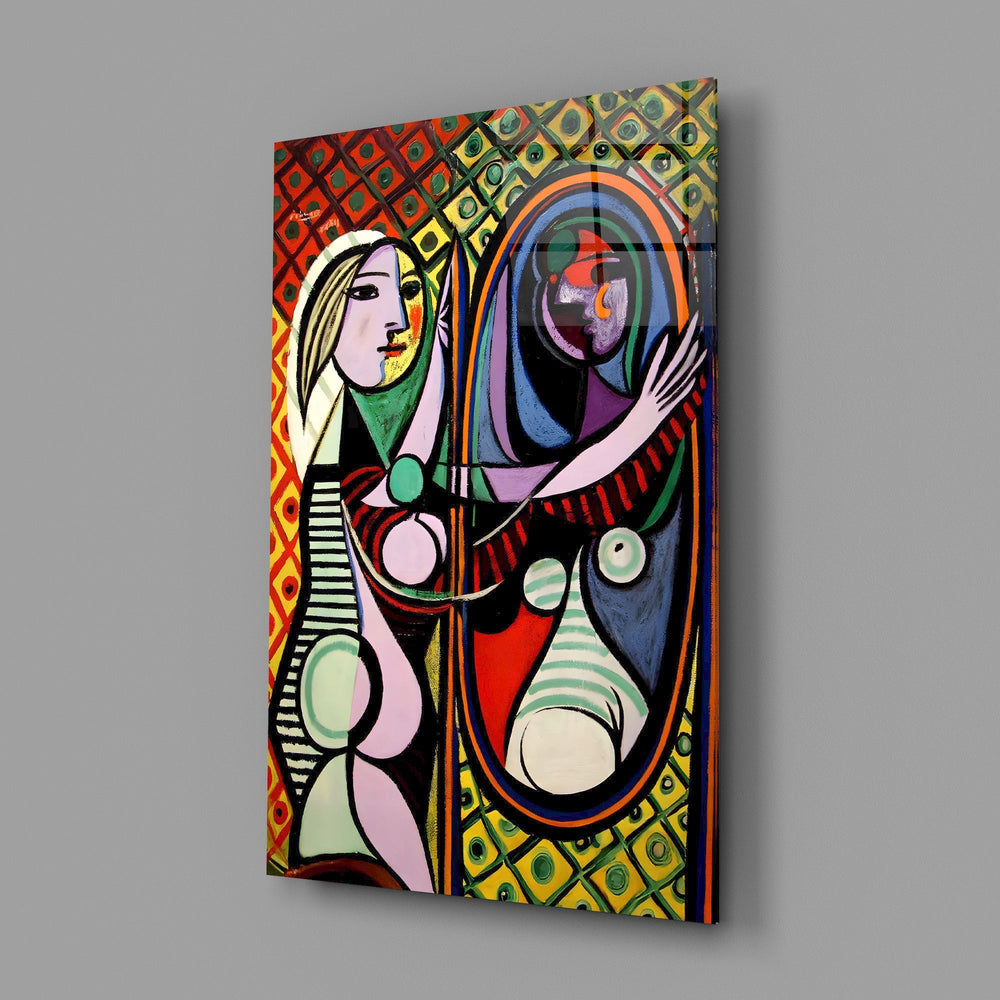 Modernist masterwork cinematic glass wall art in museum-style heritage hallway