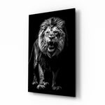 Roaring lion cinematic glass wall art over walnut console in designer office