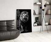 Black-and-white lion cinematic glass wall art over modern dining sideboard
