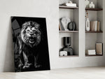 Nick-Brandt-style cinematic glass wall art in mountain-cabin great room