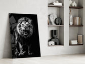 Nick-Brandt-style cinematic glass wall art in mountain-cabin great room