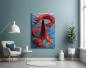 Crimson silk hanfu cinematic glass wall art in boutique-hotel suite