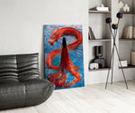 Scarlet-and-cobalt cinematic glass wall art over modern dining sideboard