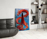 Scarlet-and-cobalt cinematic glass wall art over modern dining sideboard
