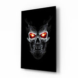 Flame eyed demon skull cinematic glass wall art over walnut console in designer entertainment den