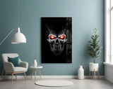 Ghost-Rider style cinematic glass wall art in streetwear-boutique entry