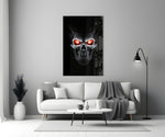 Scarlet flame-eye cinematic glass wall art in heritage stairwell