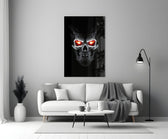 Scarlet flame-eye cinematic glass wall art in heritage stairwell