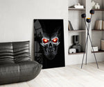 Demon skull cinematic glass wall art over modern bar console