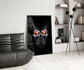 Demon skull cinematic glass wall art over modern bar console