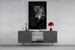 Lone hunter cinematic glass wall art in boutique-hotel lounge