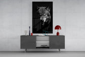 Lone hunter cinematic glass wall art in boutique-hotel lounge
