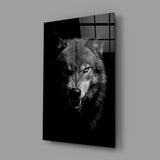 Apex-predator wolf cinematic glass wall art in mountain-cabin great room