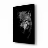 Angry wolf snarl cinematic glass wall art over walnut console in designer office