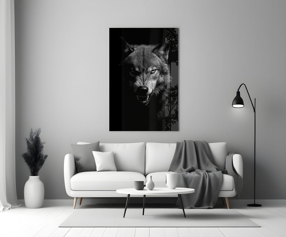 Black-and-white wolf cinematic glass wall art in heritage stairwell