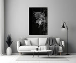 Black-and-white wolf cinematic glass wall art in heritage stairwell