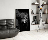 Snarling wolf cinematic glass wall art over modern dining sideboard
