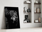 Nick-Brandt-style cinematic glass wall art in masculine-luxe study