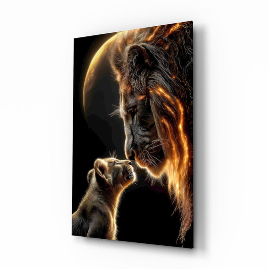 Lion father and cub cinematic glass wall art over walnut console in designer family room