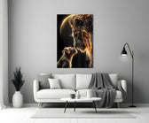 Ember-and-gold lion cinematic glass wall art in heritage stairwell