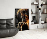 Saffron-moon lion cinematic glass wall art over modern dining sideboard