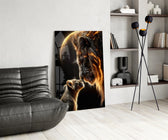 Saffron-moon lion cinematic glass wall art over modern dining sideboard