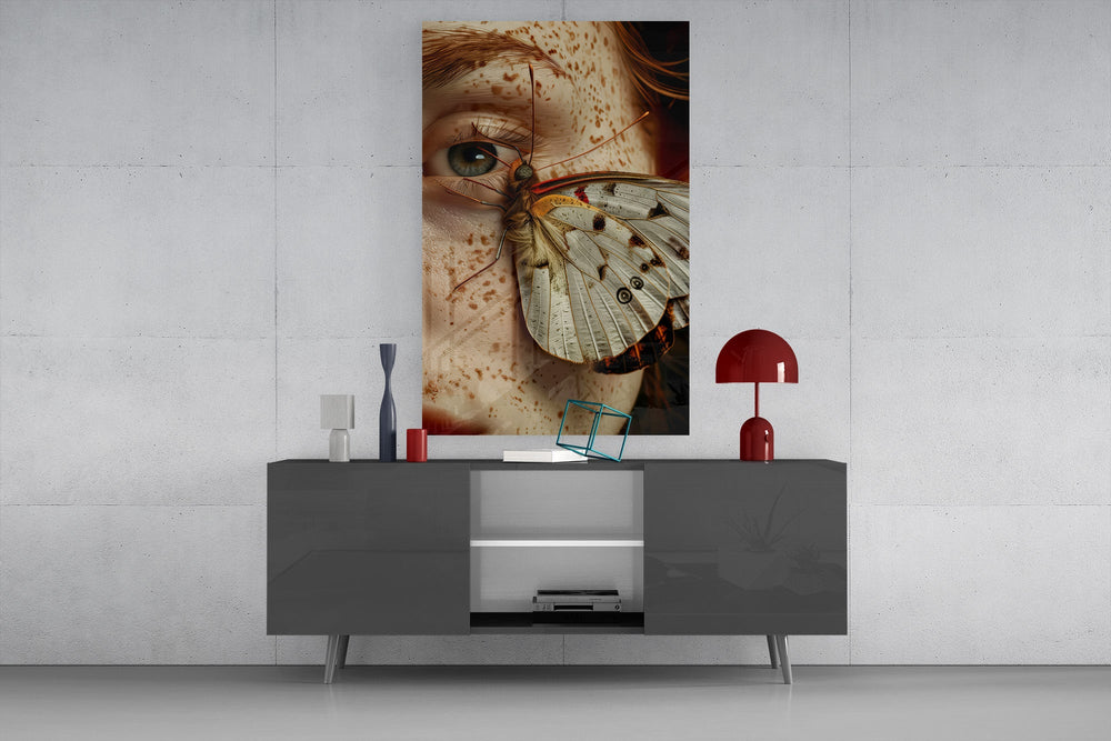 Beauty-fantasy cinematic glass wall art in light-filled atelier