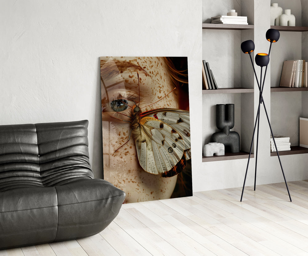 Close-up freckle cinematic glass wall art over modern dining sideboard
