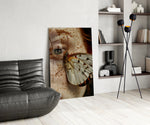 Close-up freckle cinematic glass wall art over modern dining sideboard