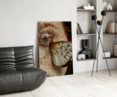 Close-up freckle cinematic glass wall art over modern dining sideboard