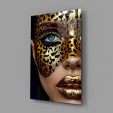 High fashion editorial cinematic glass wall art in feminine-luxe powder-room