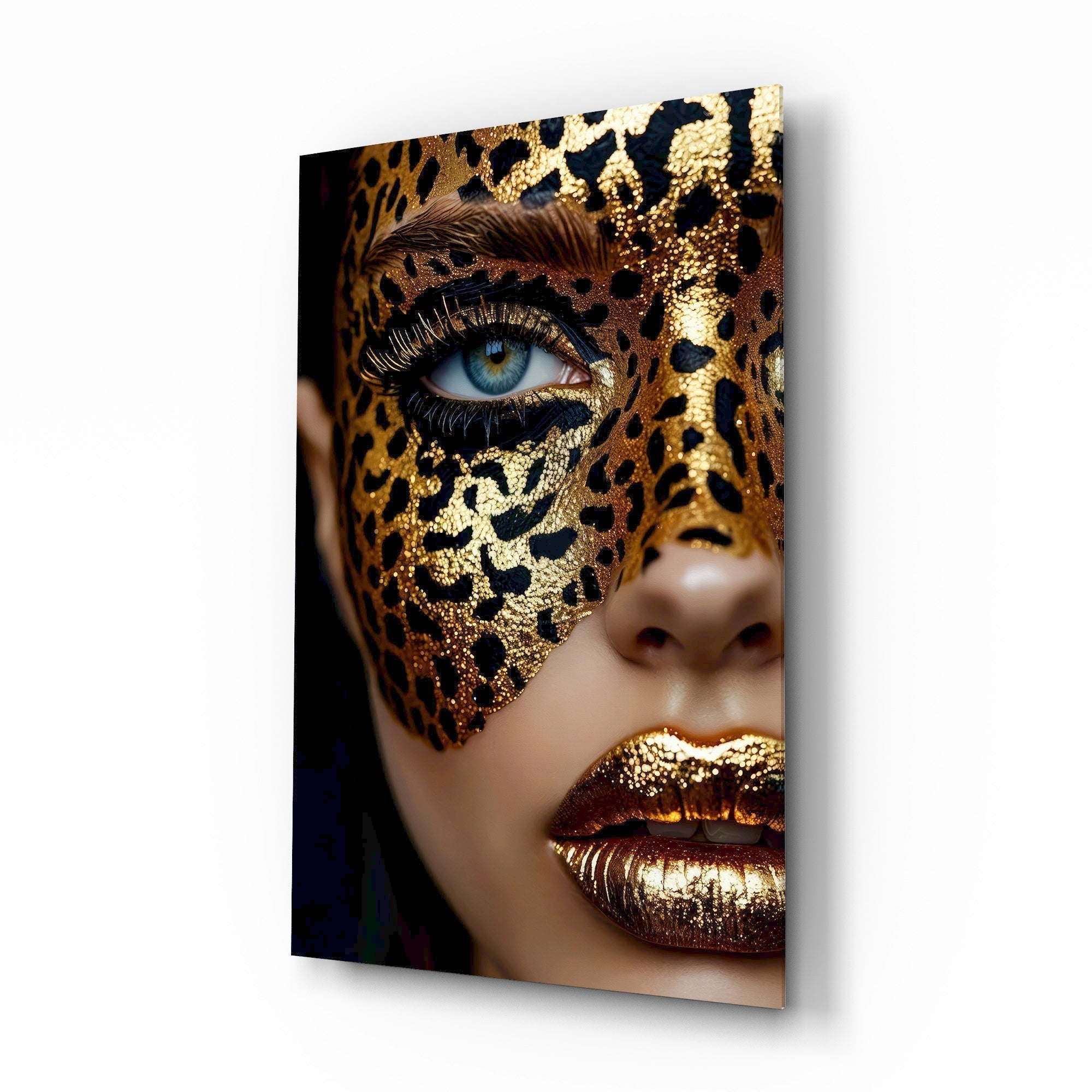 Leopard mask gold lips cinematic glass wall art over walnut console in designer fashion atelier