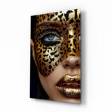 Leopard mask gold lips cinematic glass wall art over walnut console in designer fashion atelier