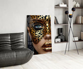 Leopard rosette beauty cinematic glass wall art over modern dining sideboard