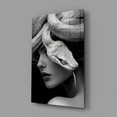 Medusa fashion editorial cinematic glass wall art in feminine-luxe boudoir