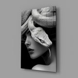 Medusa fashion editorial cinematic glass wall art in feminine-luxe boudoir