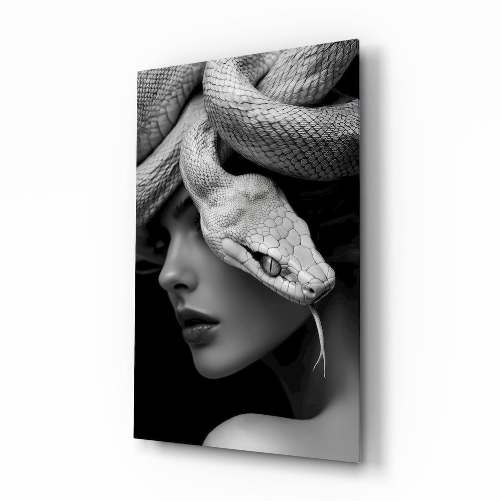 Snake headdress goth muse cinematic glass wall art over walnut console in designer fashion atelier