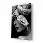 Snake headdress goth muse cinematic glass wall art over walnut console in designer fashion atelier