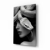 Snake headdress goth muse cinematic glass wall art over walnut console in designer fashion atelier