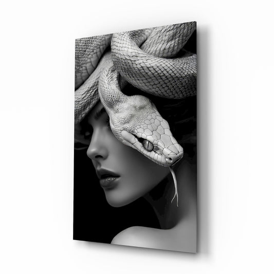 Snake headdress goth muse cinematic glass wall art over walnut console in designer fashion atelier