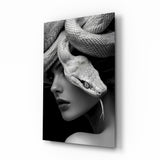 Snake headdress goth muse cinematic glass wall art over walnut console in designer fashion atelier