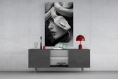Fine-art fantasy cinematic glass wall art in light-filled atelier