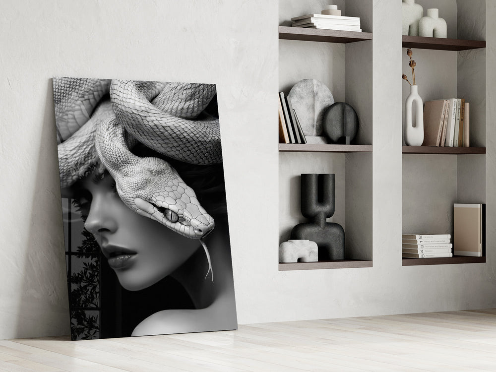 Stoic Medusa cinematic glass wall art in private library reading nook