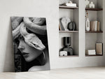 Stoic Medusa cinematic glass wall art in private library reading nook